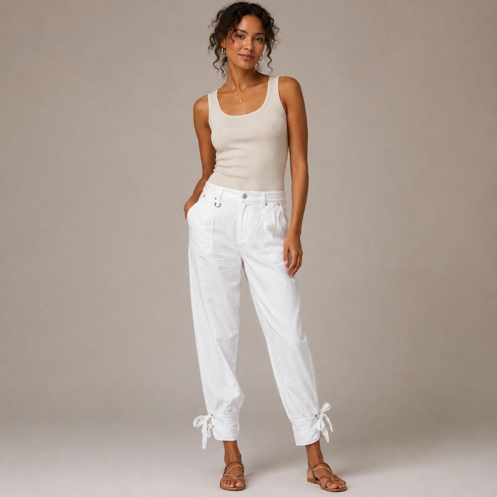 White Linen Blend Tie‎ Ankle Tapered Pants Size 8 Summer Nautical Resortwear
